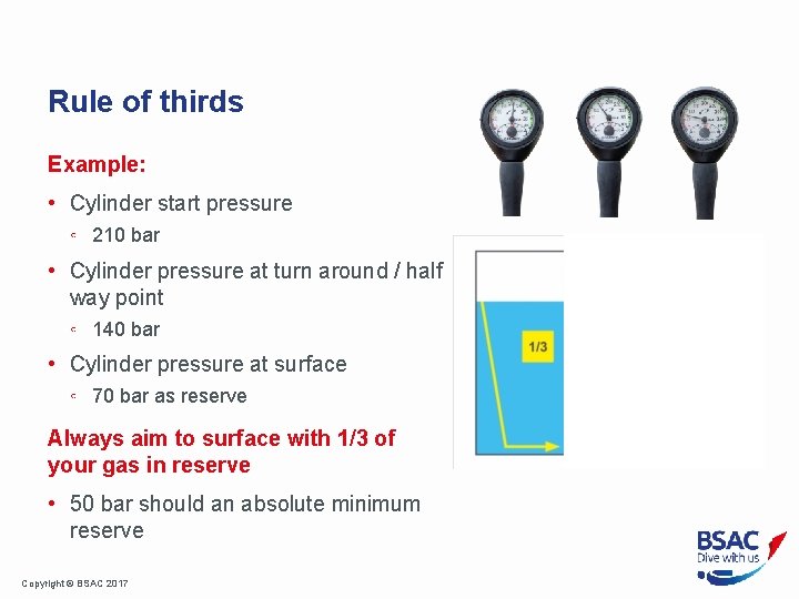 Rule of thirds Example: • Cylinder start pressure ◦ 210 bar • Cylinder pressure