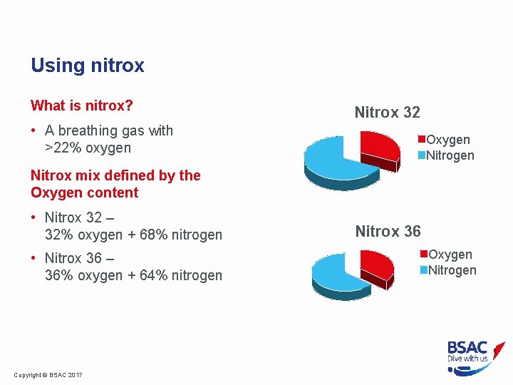 Using nitrox What is nitrox? Nitrox 32 • A breathing gas with >22% oxygen