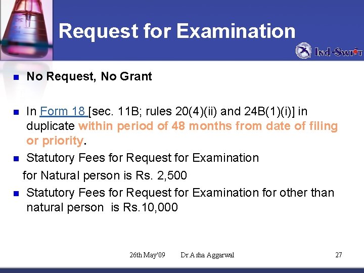 Request for Examination n No Request, No Grant In Form 18 [sec. 11 B;