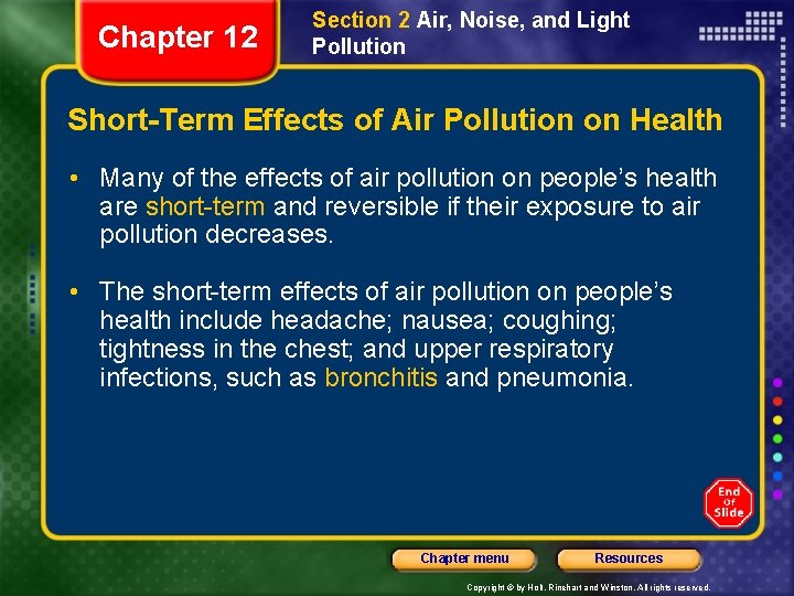 Chapter 12 Section 2 Air, Noise, and Light Pollution Short-Term Effects of Air Pollution