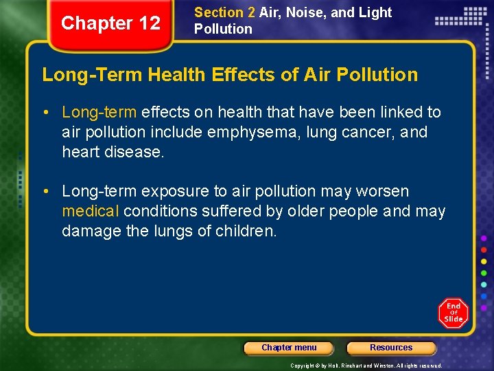 Chapter 12 Section 2 Air, Noise, and Light Pollution Long-Term Health Effects of Air