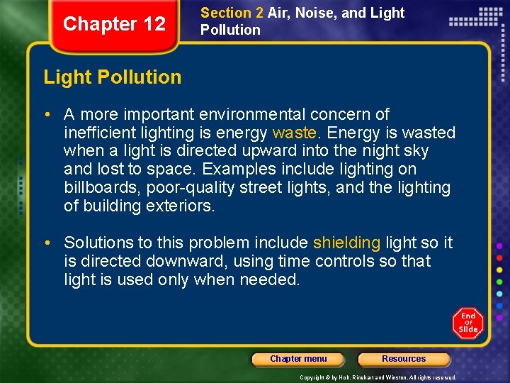 Chapter 12 Section 2 Air, Noise, and Light Pollution • A more important environmental