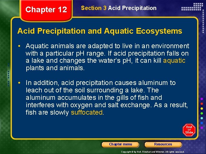 Chapter 12 Section 3 Acid Precipitation and Aquatic Ecosystems • Aquatic animals are adapted