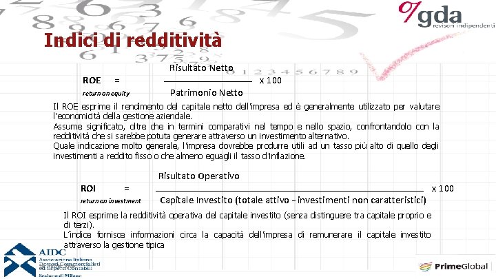 Indici di redditività ROE Risultato Netto = return on equity Patrimonio Netto x 100