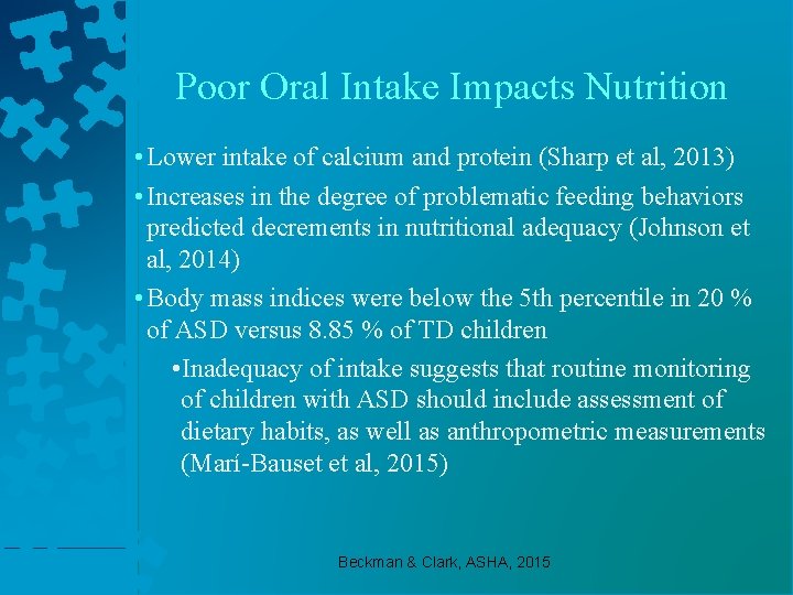  Poor Oral Intake Impacts Nutrition • Lower intake of calcium and protein (Sharp
