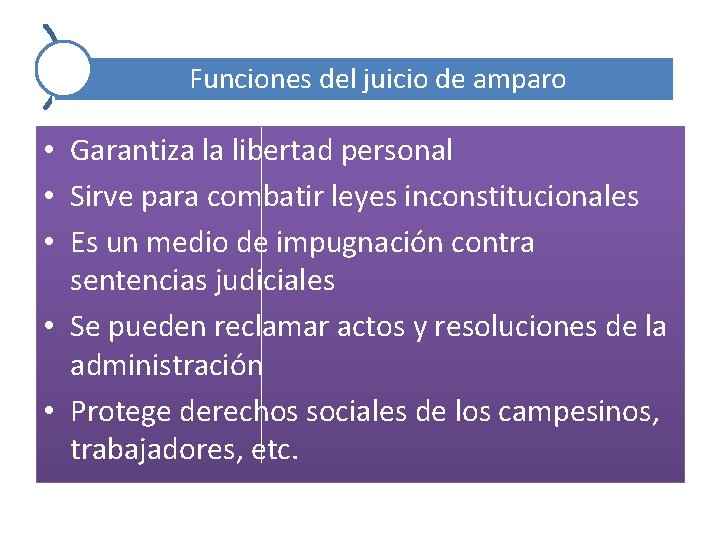 Funciones del juicio de amparo • Garantiza la libertad personal • Sirve para combatir