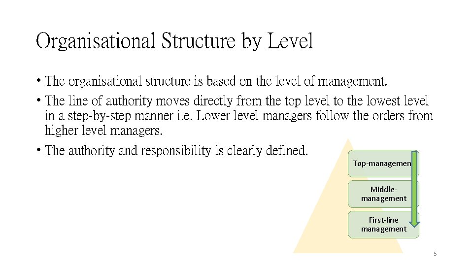 Organisational Structure by Level • The organisational structure is based on the level of Organisational Structure by Level • The organisational structure is based on the level of