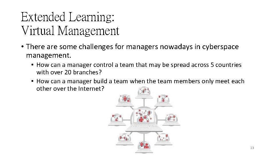 Extended Learning: Virtual Management • There are some challenges for managers nowadays in cyberspace Extended Learning: Virtual Management • There are some challenges for managers nowadays in cyberspace