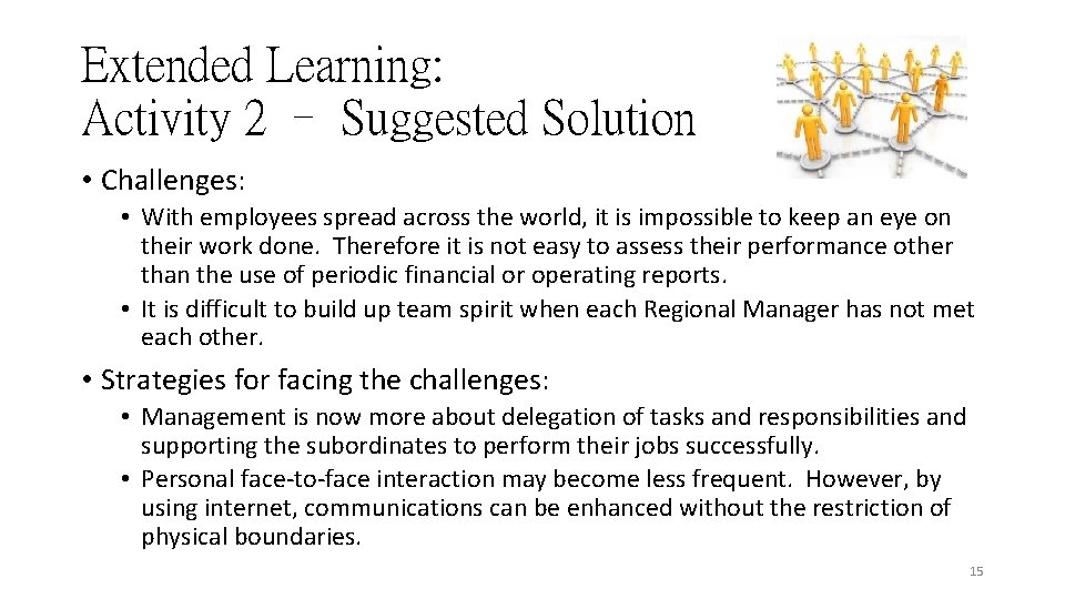 Extended Learning: Activity 2 – Suggested Solution • Challenges: • With employees spread across Extended Learning: Activity 2 – Suggested Solution • Challenges: • With employees spread across
