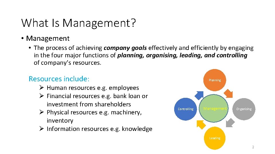 What Is Management? • Management • The process of achieving company goals effectively and What Is Management? • Management • The process of achieving company goals effectively and
