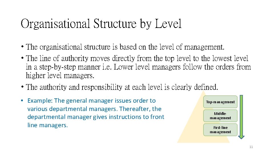 Organisational Structure by Level • The organisational structure is based on the level of Organisational Structure by Level • The organisational structure is based on the level of