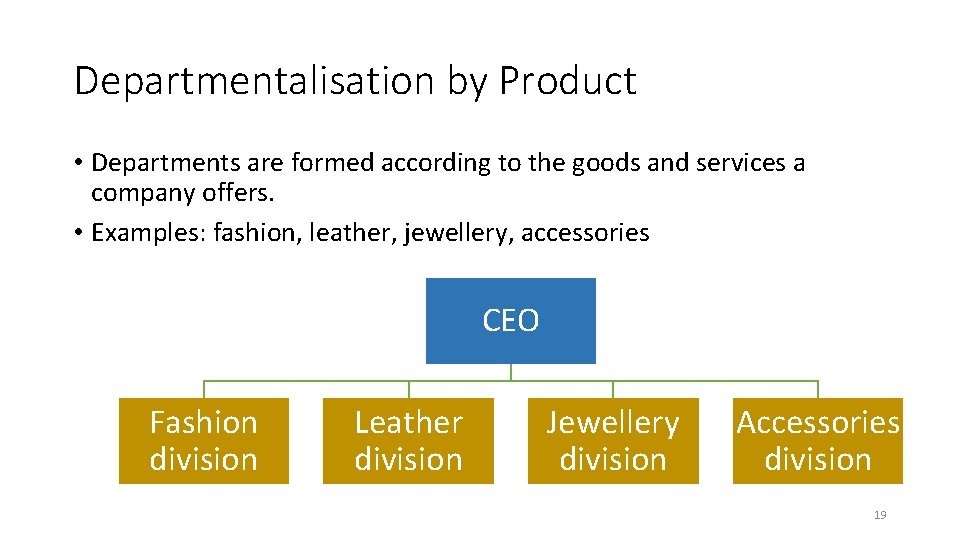 Departmentalisation by Product • Departments are formed according to the goods and services a Departmentalisation by Product • Departments are formed according to the goods and services a