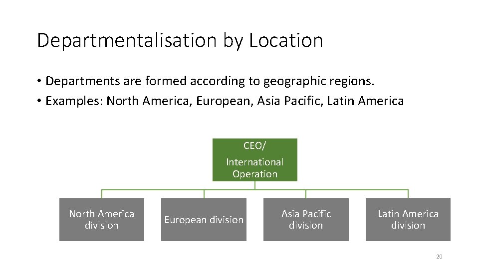 Departmentalisation by Location • Departments are formed according to geographic regions. • Examples: North Departmentalisation by Location • Departments are formed according to geographic regions. • Examples: North