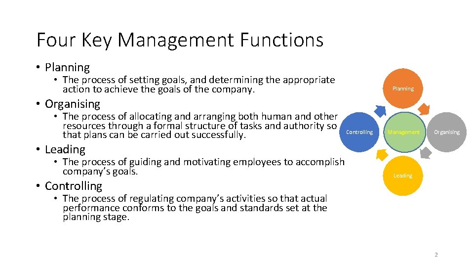 Four Key Management Functions • Planning • The process of setting goals, and determining Four Key Management Functions • Planning • The process of setting goals, and determining