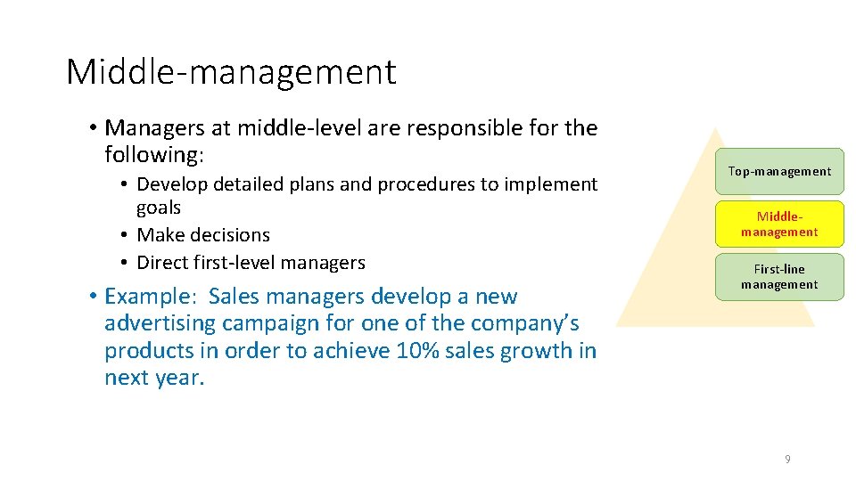 Middle-management • Managers at middle-level are responsible for the following: • Develop detailed plans Middle-management • Managers at middle-level are responsible for the following: • Develop detailed plans