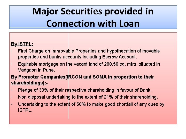 Major Securities provided in Connection with Loan By ISTPL: • First Charge on Immovable