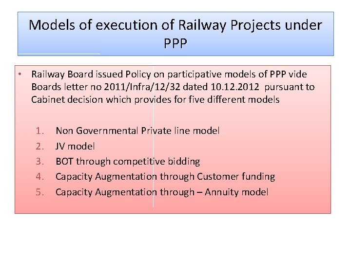 Models of execution of Railway Projects under PPP • Railway Board issued Policy on