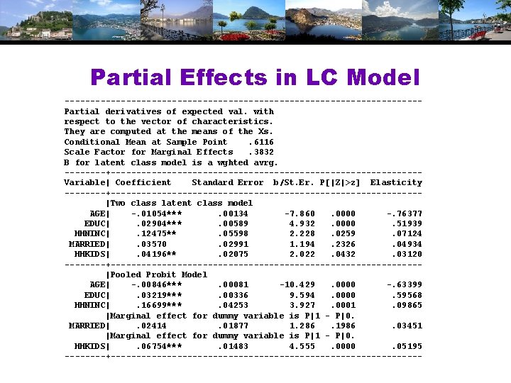 Partial Effects in LC Model -----------------------------------Partial derivatives of expected val. with respect to the