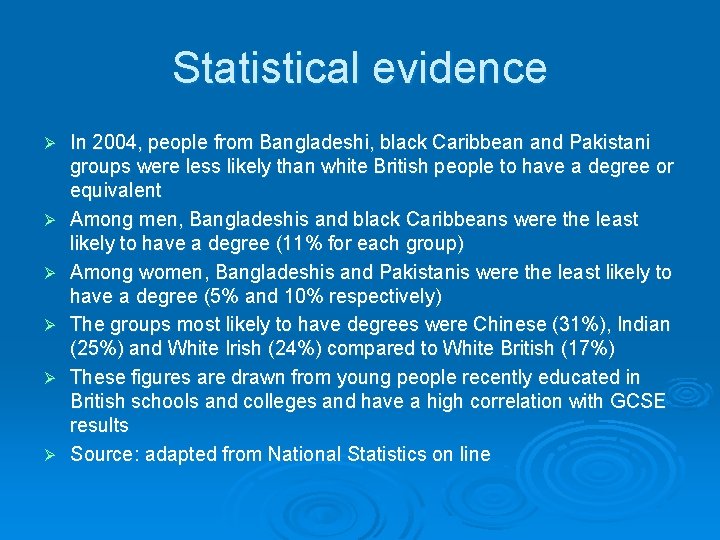 Statistical evidence Ø Ø Ø In 2004, people from Bangladeshi, black Caribbean and Pakistani