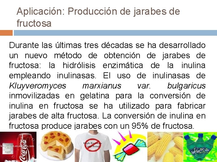Aplicación: Producción de jarabes de fructosa Durante las últimas tres décadas se ha desarrollado Aplicación: Producción de jarabes de fructosa Durante las últimas tres décadas se ha desarrollado