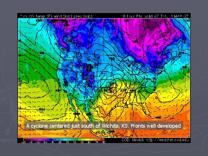 A cyclone centered just south of Wichita, KS. Fronts well developed 