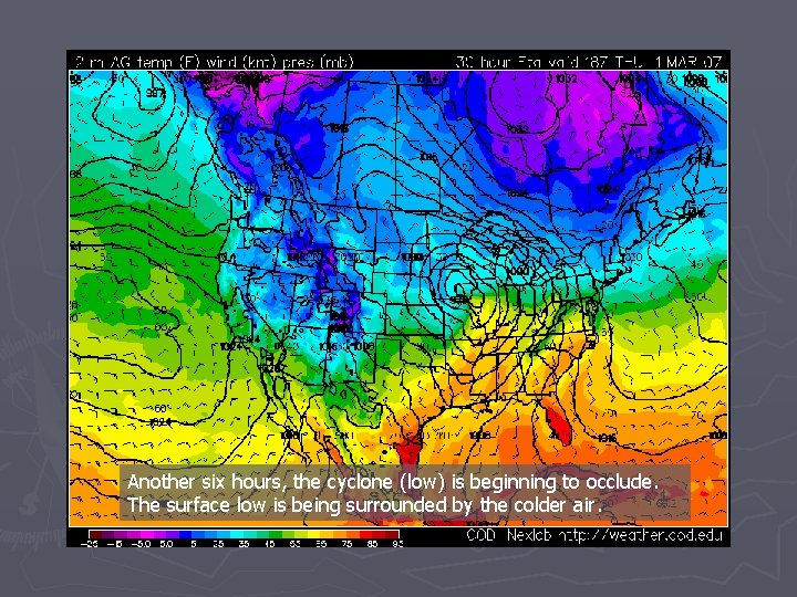 Another six hours, the cyclone (low) is beginning to occlude. The surface low is