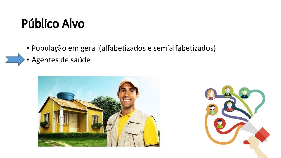 Público Alvo • População em geral (alfabetizados e semialfabetizados) • Agentes de saúde 