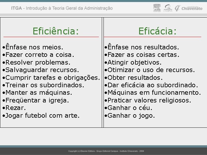 Eficiência: • Ênfase nos meios. • Fazer correto a coisa. • Resolver problemas. •