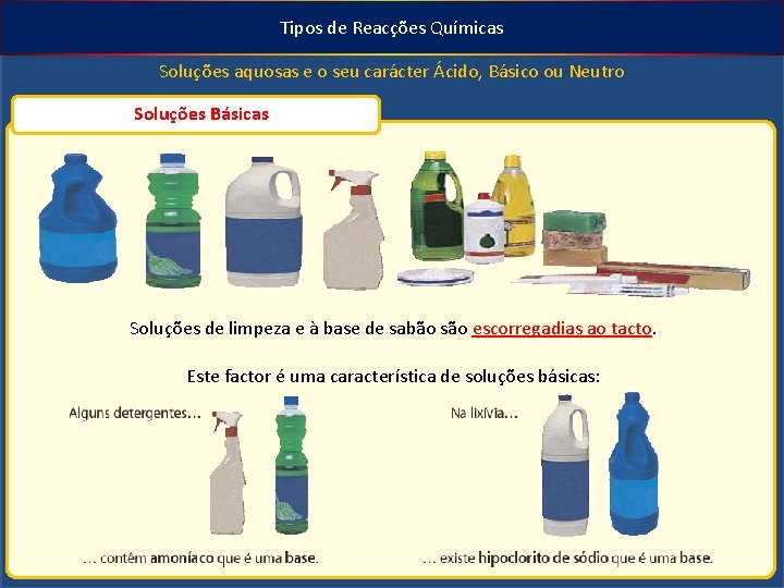 Tipos de Reacções Químicas Soluções aquosas e o seu carácter Ácido, Básico ou Neutro