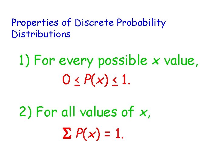 Properties of Discrete Probability Distributions 1) For every possible x value, 0 < P(x)