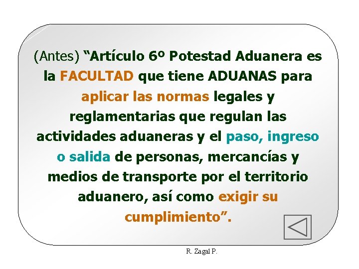 (Antes) “Artículo 6º Potestad Aduanera es la FACULTAD que tiene ADUANAS para aplicar las