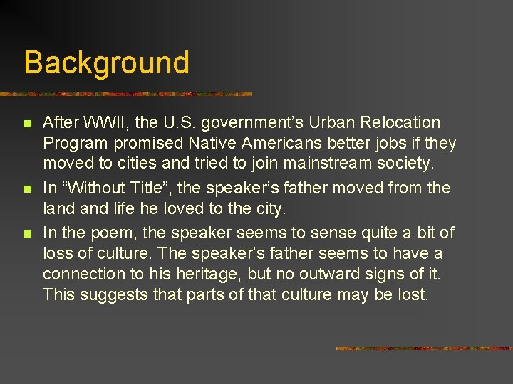 Background n n n After WWII, the U. S. government’s Urban Relocation Program promised