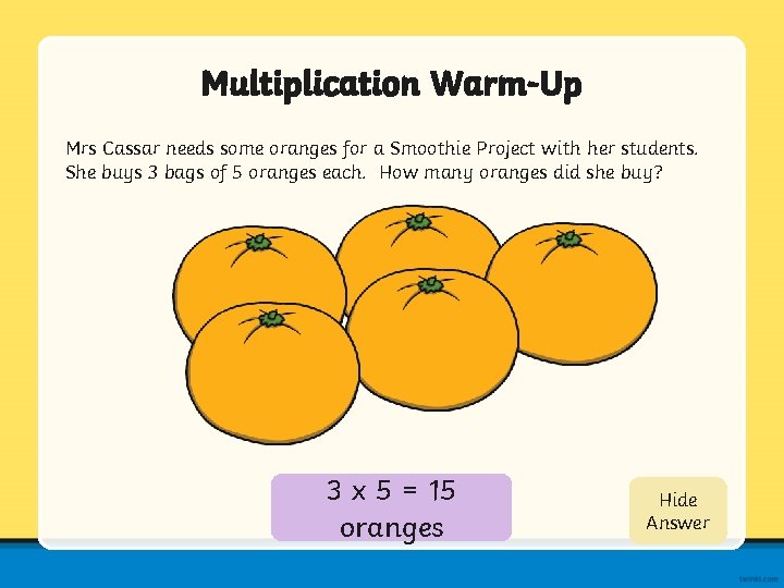 Multiplication Warm-Up Mrs Cassar needs some oranges for a Smoothie Project with her students.