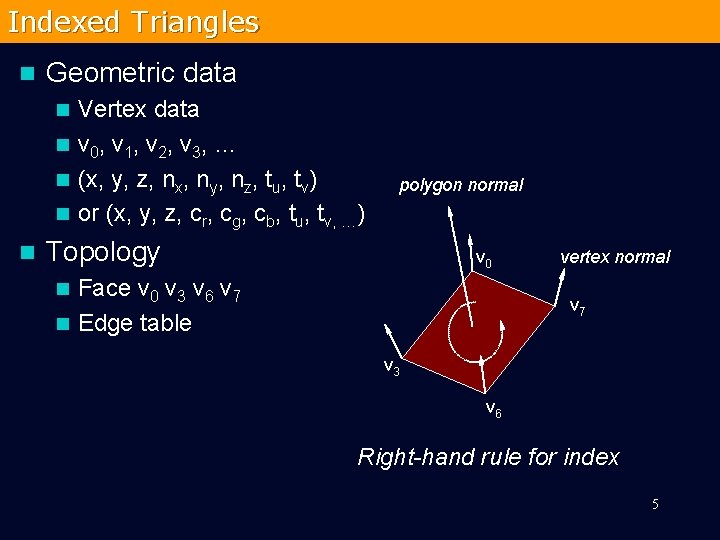 Indexed Triangles n Geometric data Vertex data n v 0, v 1, v 2,