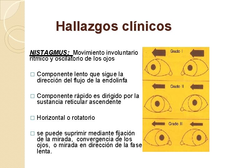 Hallazgos clínicos NISTAGMUS: Movimiento involuntario rítmico y oscilatorio de los ojos � Componente lento