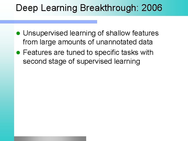 Deep Learning Breakthrough: 2006 Unsupervised learning of shallow features from large amounts of unannotated