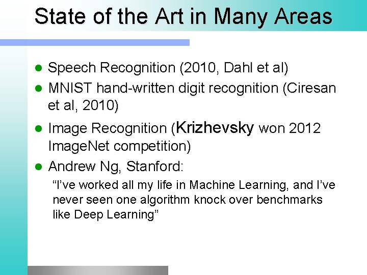 State of the Art in Many Areas Speech Recognition (2010, Dahl et al) MNIST