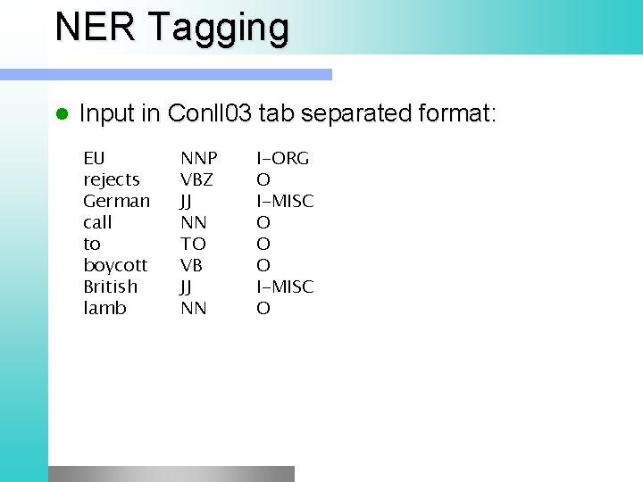 NER Tagging Input in Conll 03 tab separated format: EU rejects German call to