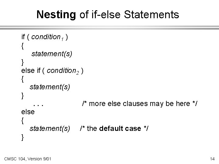 Nesting of if-else Statements if ( condition 1 ) { statement(s) } else if