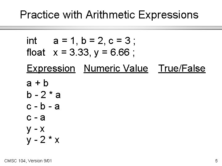 Practice with Arithmetic Expressions int a = 1, b = 2, c = 3