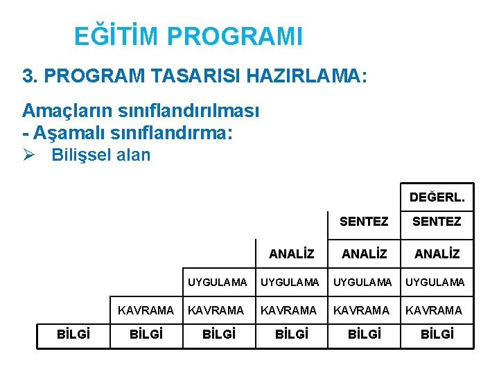 EĞİTİM PROGRAMI 3. PROGRAM TASARISI HAZIRLAMA: Amaçların sınıflandırılması - Aşamalı sınıflandırma: Ø Bilişsel alan EĞİTİM PROGRAMI 3. PROGRAM TASARISI HAZIRLAMA: Amaçların sınıflandırılması - Aşamalı sınıflandırma: Ø Bilişsel alan