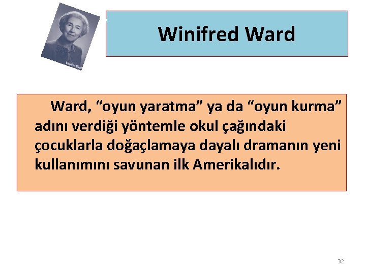 Winifred Ward, “oyun yaratma” ya da “oyun kurma” adını verdiği yöntemle okul çağındaki çocuklarla