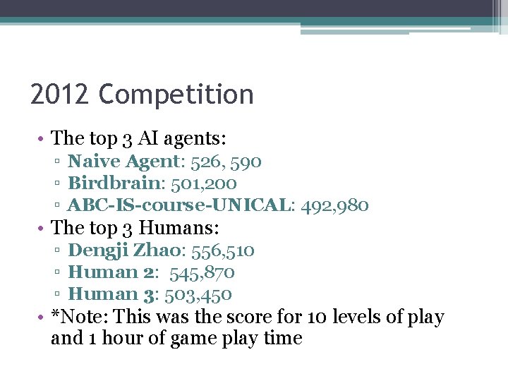 2012 Competition • The top 3 AI agents: ▫ Naive Agent: 526, 590 ▫