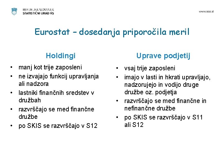 Eurostat – dosedanja priporočila meril Holdingi • manj kot trije zaposleni • ne izvajajo