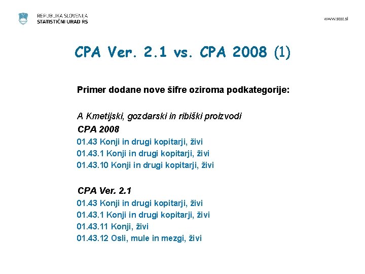 CPA Ver. 2. 1 vs. CPA 2008 (1) Primer dodane nove šifre oziroma podkategorije: