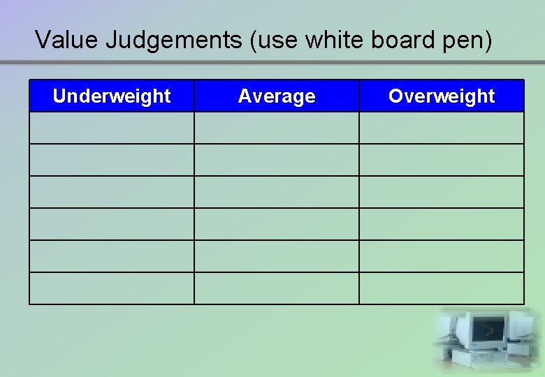 Value Judgements (use white board pen) Underweight Average Overweight 