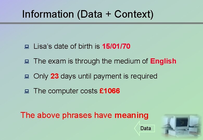 Information (Data + Context) : Lisa’s date of birth is 15/01/70 : The exam