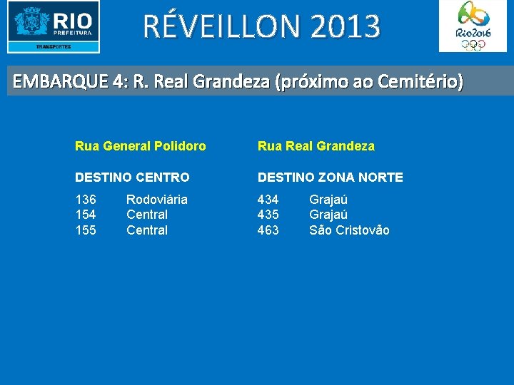 RÉVEILLON 2013 EMBARQUE 4: R. Real Grandeza (próximo ao Cemitério) Rua General Polidoro Rua