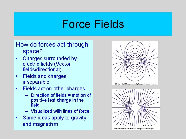 Force Fields How do forces act through space? • Charges surrounded by electric fields