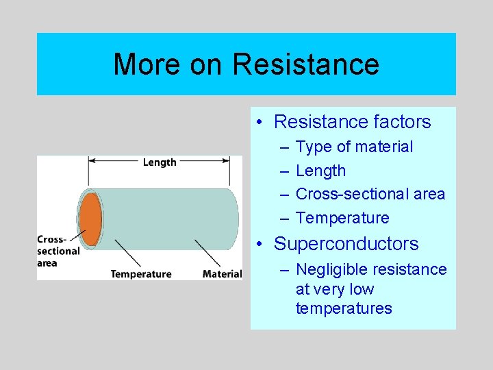 More on Resistance • Resistance factors – – Type of material Length Cross-sectional area